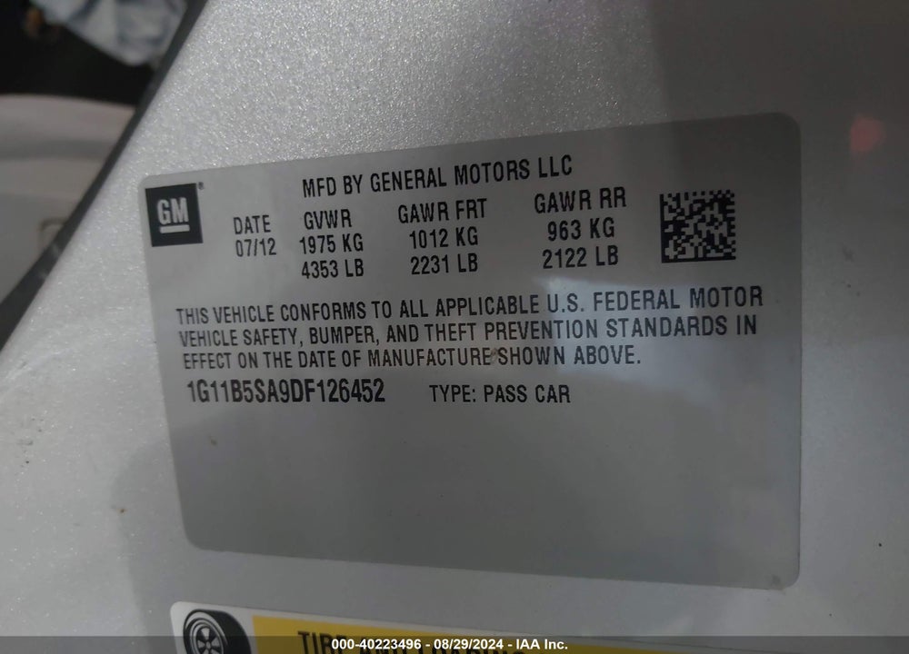 2013 CHEVROLET MALIBU 1LS VIN: 1G11B5SA9DF126452
