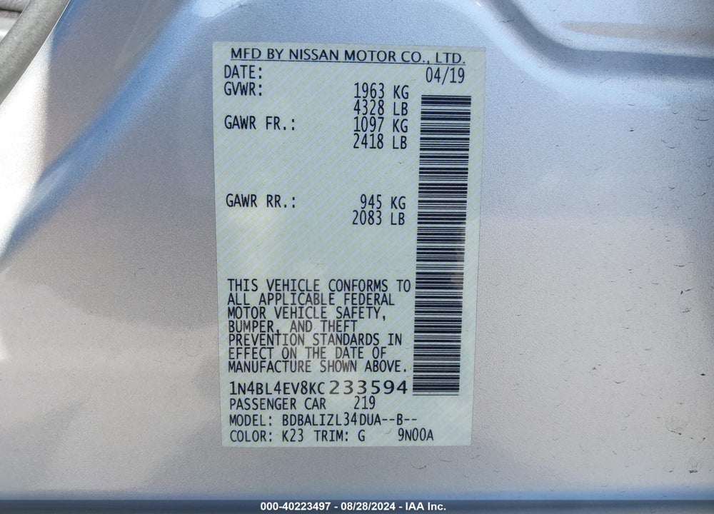 2019 NISSAN ALTIMA 2.5 SL VIN: 1N4BL4EV8KC233594