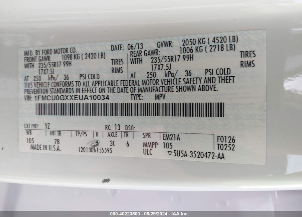 2014 FORD ESCAPE SE VIN: 1FMCU0GXXEUA10034