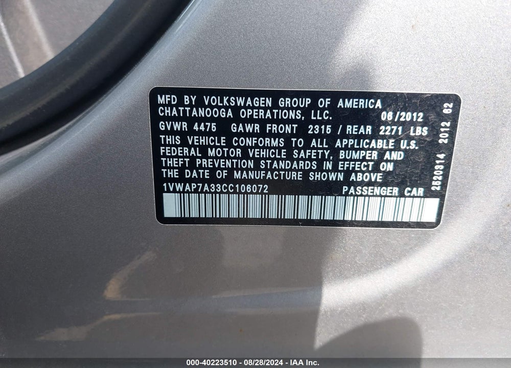 2012 VOLKSWAGEN PASSAT 2.5L S VIN: 1VWAP7A33CC106072