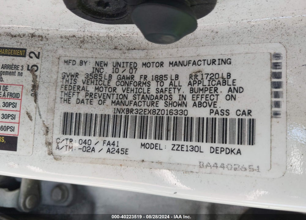 2008 TOYOTA COROLLA CE VIN: 1NXBR32EX8Z016330
