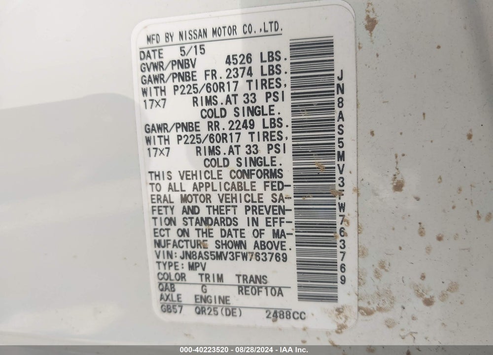 2015 NISSAN ROGUE SELECT S VIN: JN8AS5MV3FW763769
