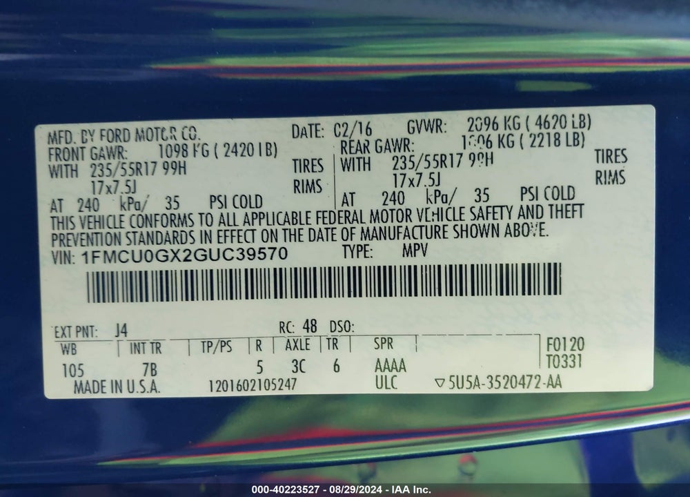 2016 FORD ESCAPE SE VIN: 1FMCU0GX2GUC39570