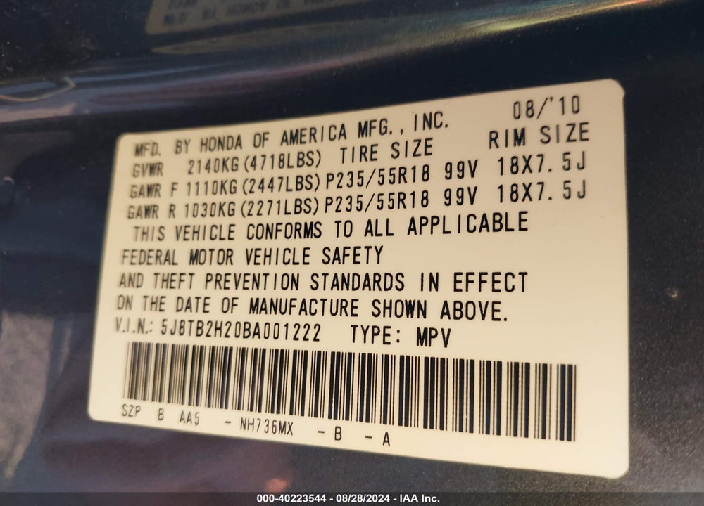 2011 ACURA RDX VIN: 5J8TB2H20BA001222