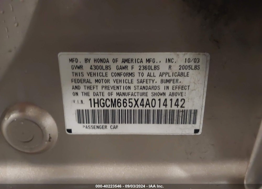 2004 HONDA ACCORD 3.0 EX VIN: 1HGCM665X4A014142