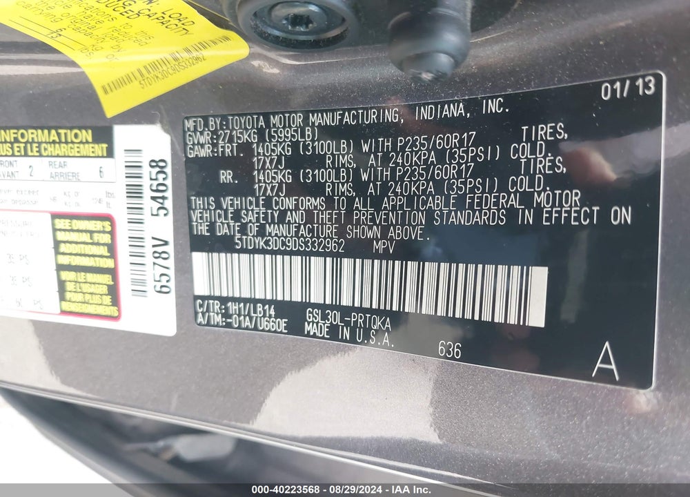 2013 TOYOTA SIENNA XLE V6 8 PASSENGER VIN: 5TDYK3DC9DS332962