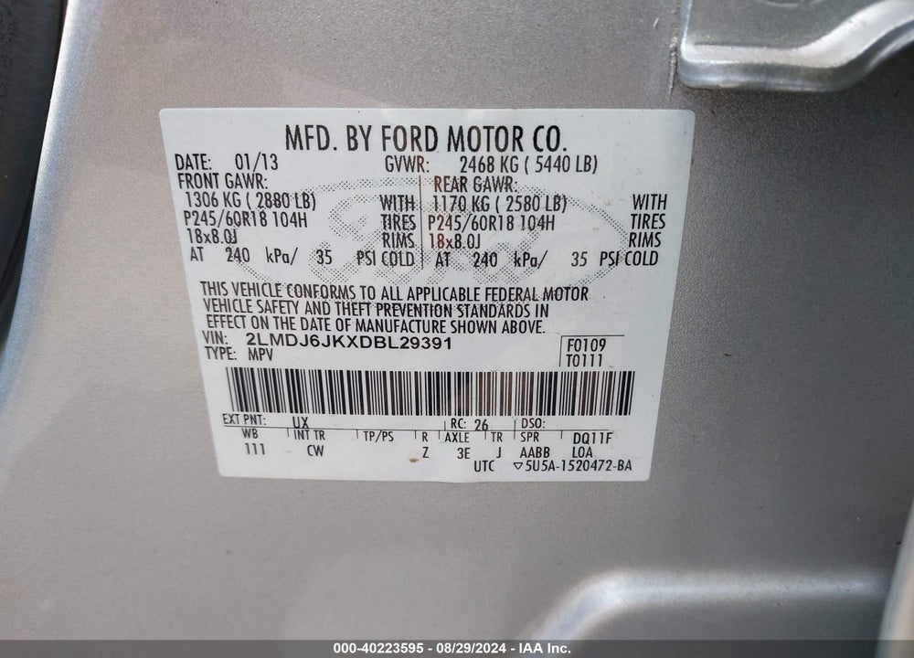 2013 LINCOLN MKX VIN: 2LMDJ6JKXDBL29391