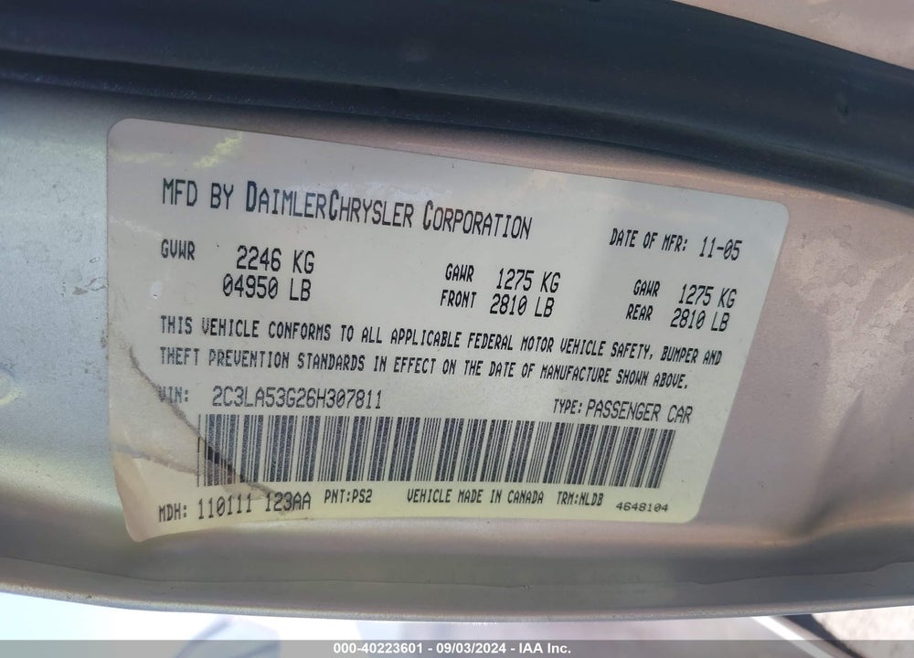 2006 CHRYSLER 300 TOURING VIN: 2C3LA53G26H307811