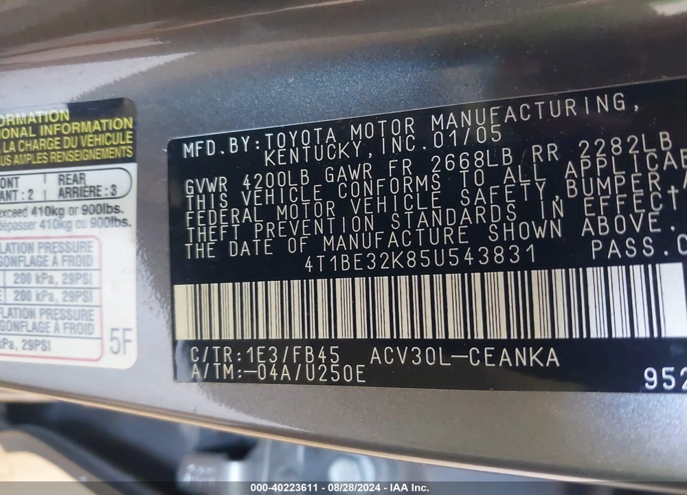 2005 TOYOTA CAMRY LE VIN: 4T1BE32K85U543831