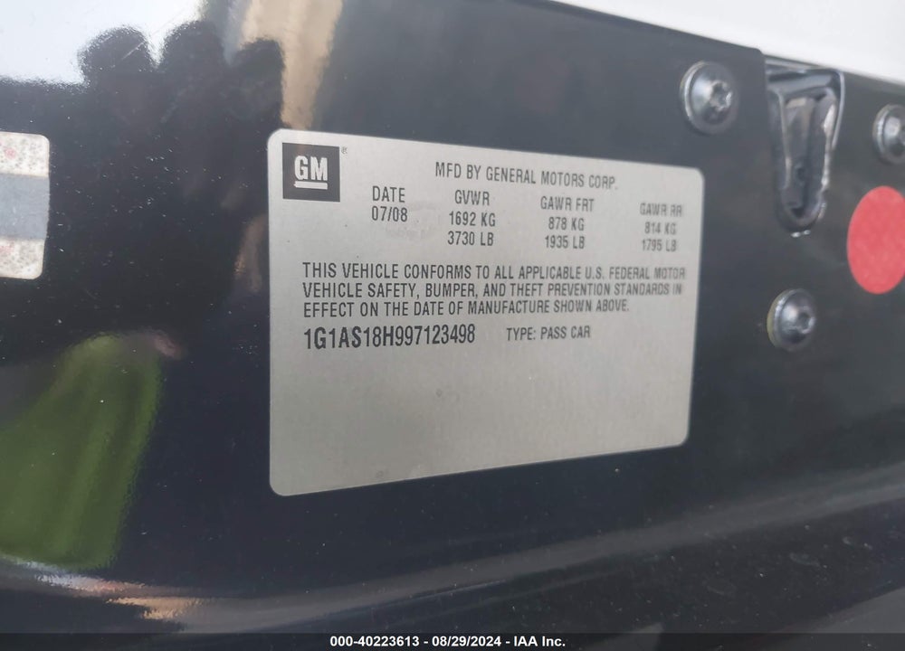 2009 CHEVROLET COBALT LS VIN: 1G1AS18H997123498
