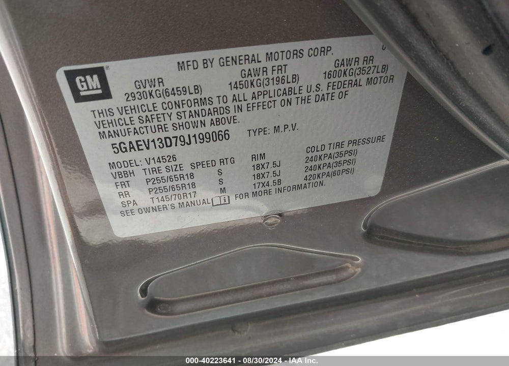 2009 BUICK ENCLAVE CX VIN: 5GAEV13D79J199066