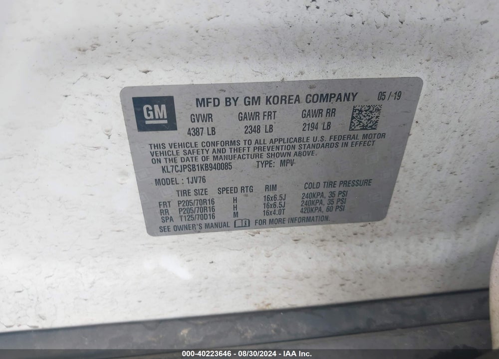 2019 CHEVROLET TRAX LT VIN: KL7CJPSB1KB940085