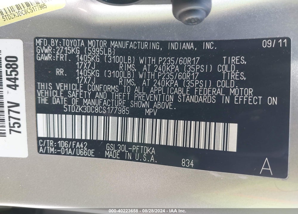 2012 TOYOTA SIENNA BASE V6 7 PASSENGER VIN: 5TDZK3DC8CS177985