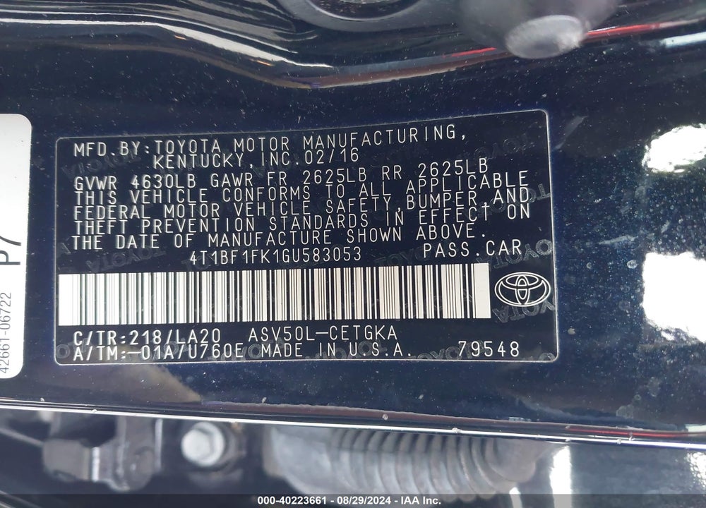 2016 TOYOTA CAMRY VIN: 4T1BF1FK1GU583053
