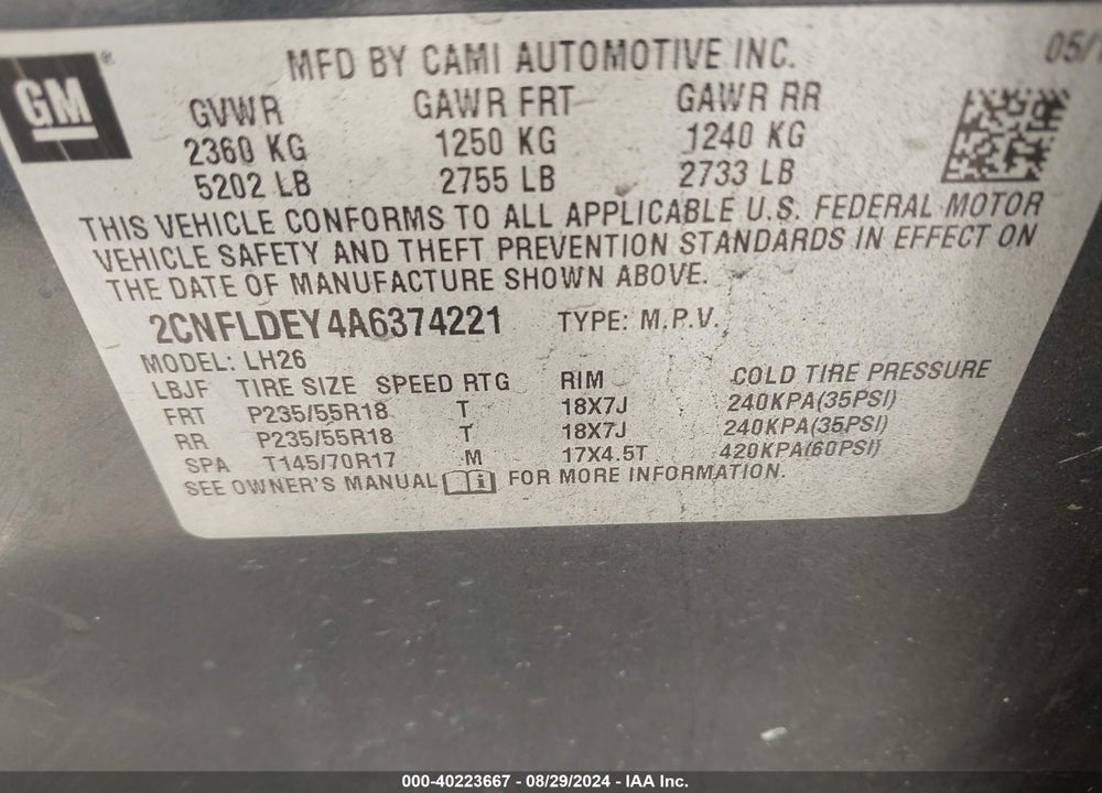 2010 CHEVROLET EQUINOX LT VIN: 2CNFLDEY4A6374221