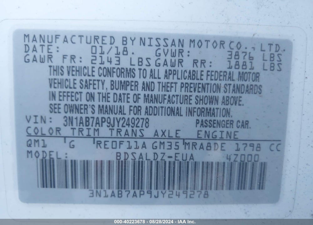 2018 NISSAN SENTRA SV VIN: 3N1AB7AP9JY249278