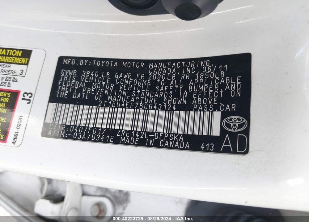 2011 TOYOTA COROLLA S VIN: 2T1BU4EE7BC643124