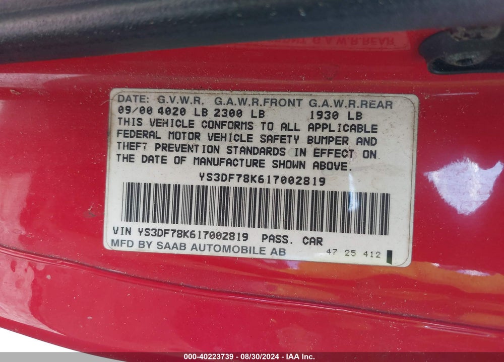 2001 SAAB 9-3 SE VIN: YS3DF78K617002819
