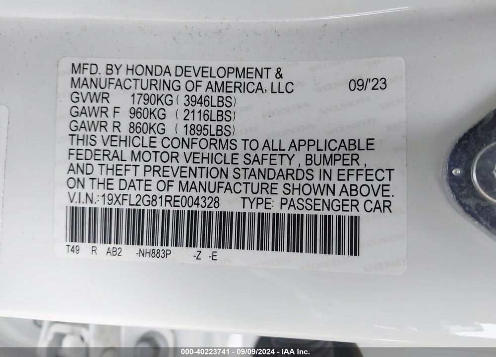 2024 HONDA CIVIC VIN: 19XFL2G81RE004328
