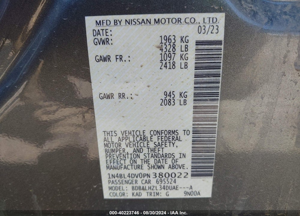 2023 NISSAN ALTIMA SV FWD VIN: 1N4BL4DV0PN380022