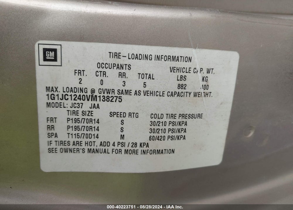 1997 CHEVROLET CAVALIER RS VIN: 1G1JC1240VM138275