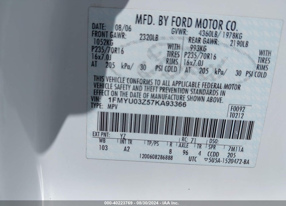 2007 FORD ESCAPE XLT VIN: 1FMYU03Z57KA93366