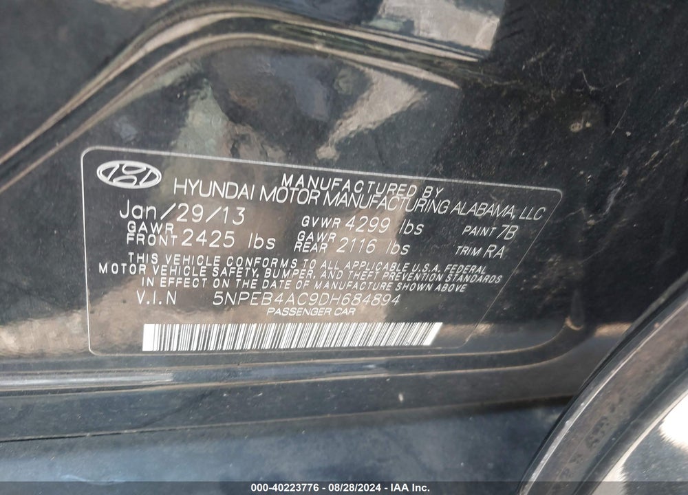 2013 HYUNDAI SONATA GLS VIN: 5NPEB4AC9DH684894