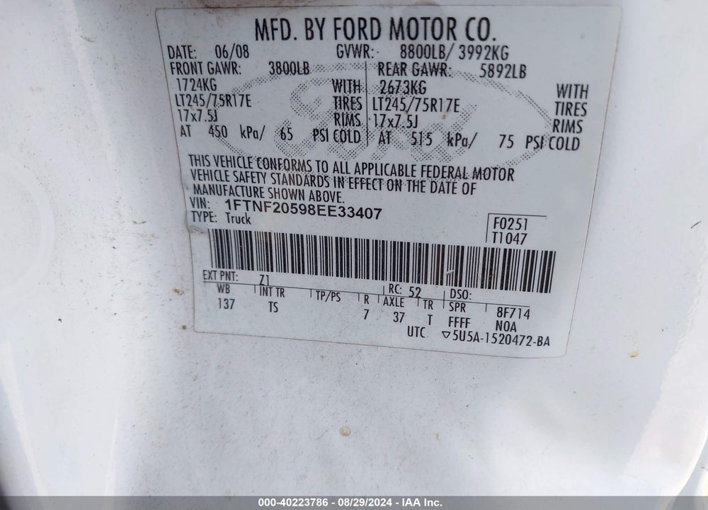2008 FORD F-250 XL/XLT VIN: 1FTNF20598EE33407