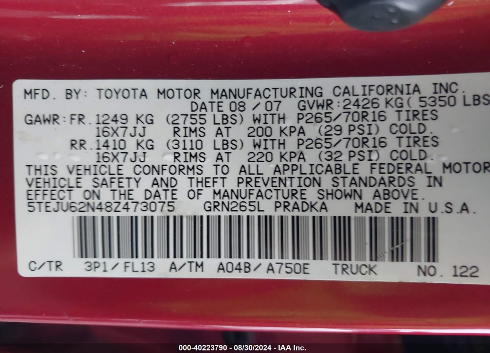 2008 TOYOTA TACOMA PRERUNNER V6 VIN: 5TEJU62N48Z473075