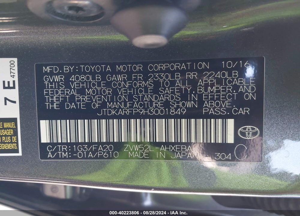 2017 TOYOTA PRIUS PRIME PLUS VIN: JTDKARFP9H3001849
