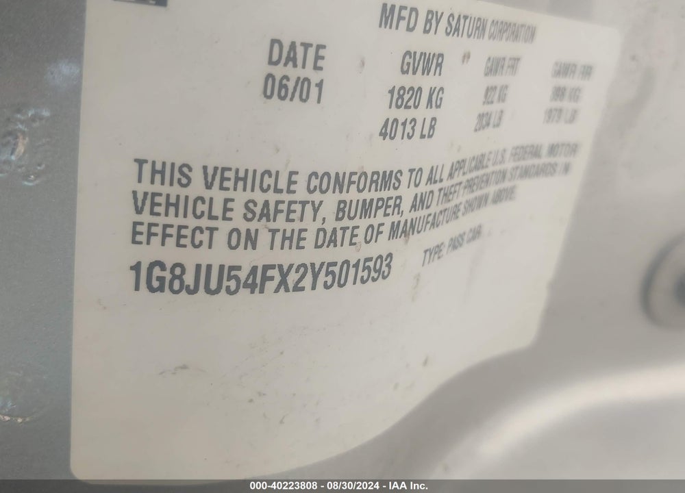 2002 SATURN L-SERIES L200 VIN: 1G8JU54F62Y501817