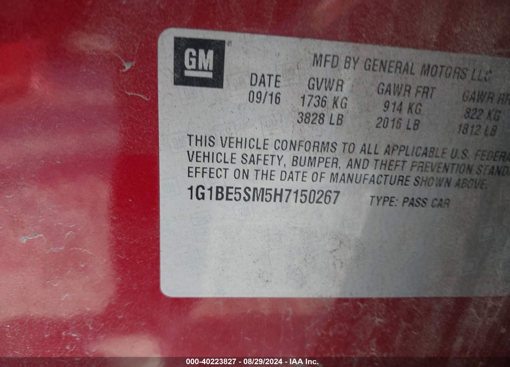 2017 CHEVROLET CRUZE LT AUTO VIN: 1G1BE5SM5H7150267