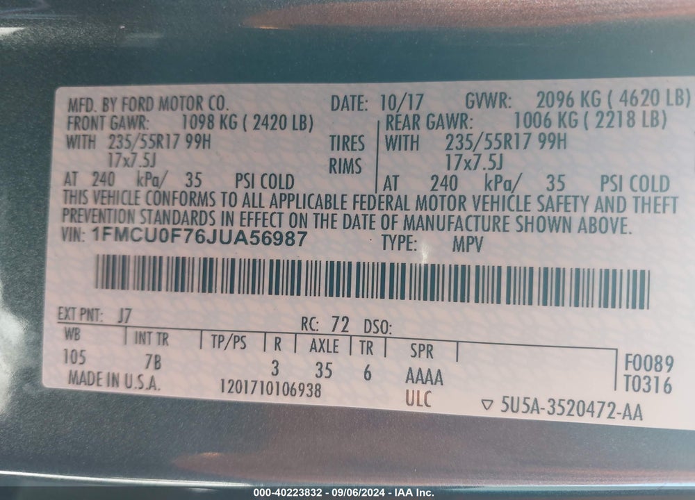 2018 FORD ESCAPE S VIN: 1FMCU0F76JUA56987