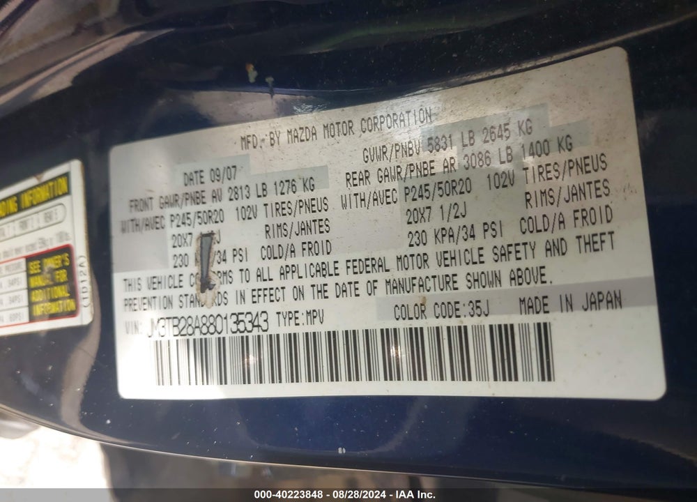 2008 MAZDA CX-9 GRAND TOURING VIN: JM3TB28A880135343