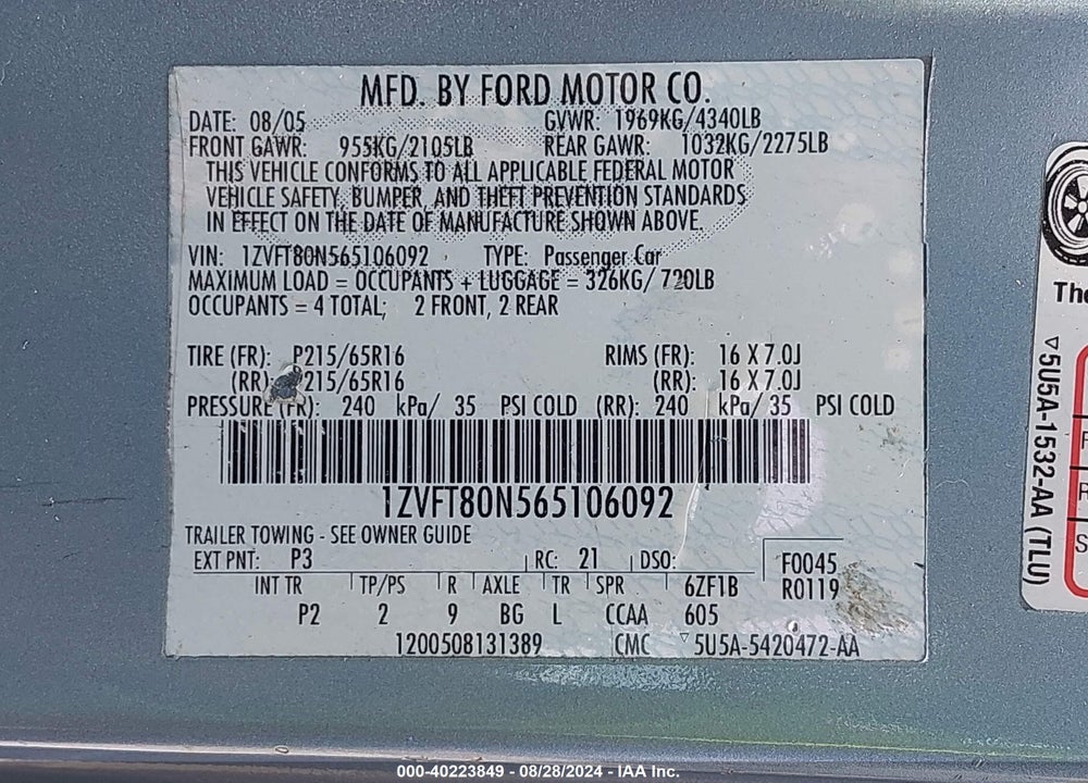 2006 FORD MUSTANG V6 VIN: 1ZVFT80N565106092