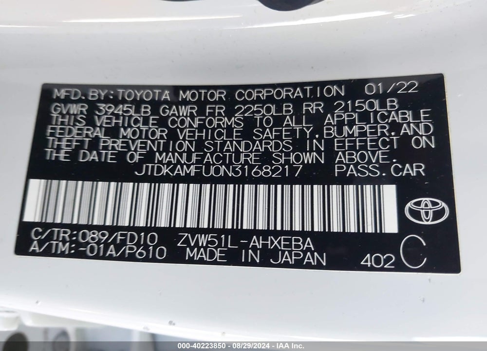 2022 TOYOTA PRIUS LE VIN: JTDKAMFU0N3168217