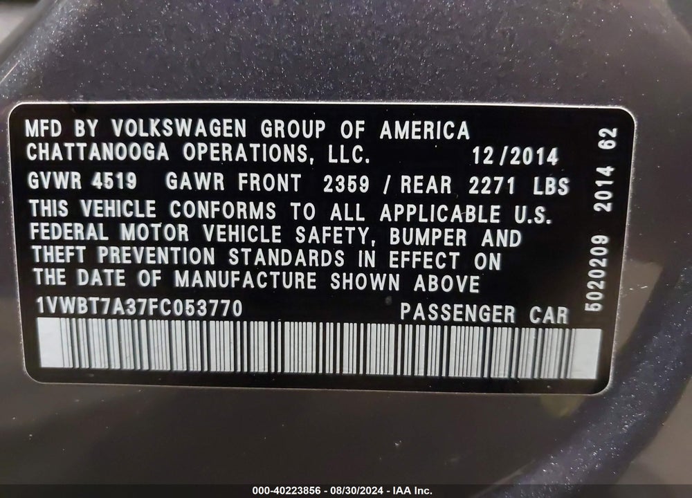 2015 VOLKSWAGEN PASSAT 1.8T SE VIN: 1VWBT7A37FC053770