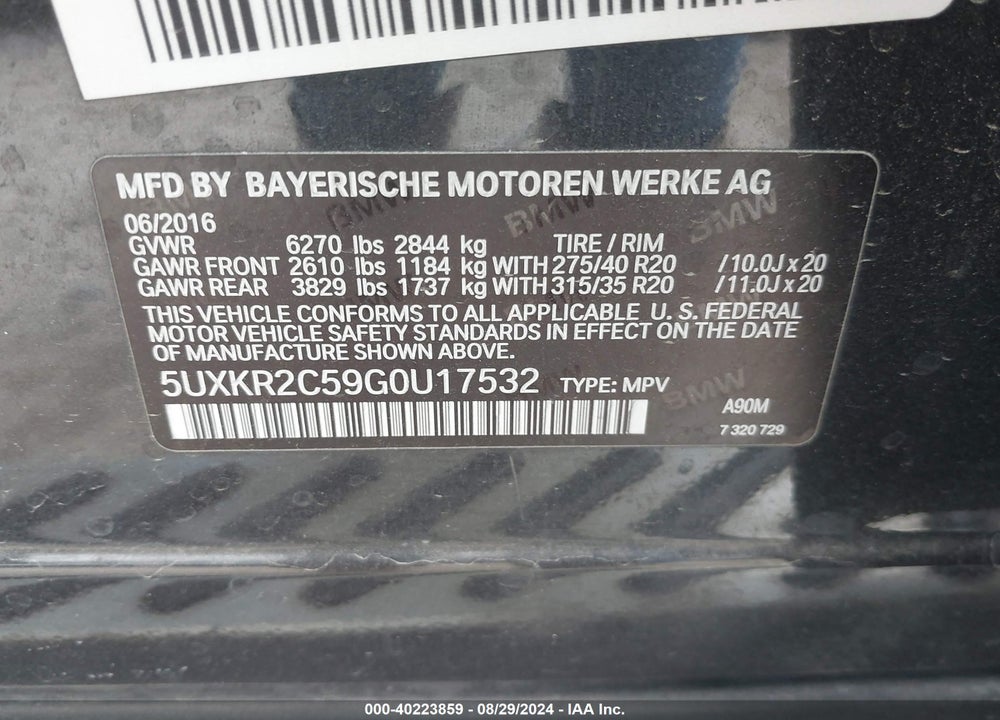 2016 BMW X5 SDRIVE35I VIN: 5UXKR2C59G0U17532