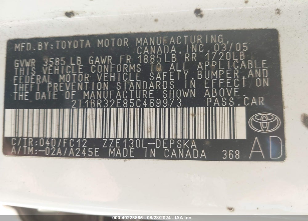 2005 TOYOTA COROLLA S VIN: 2T1BR32E85C469973