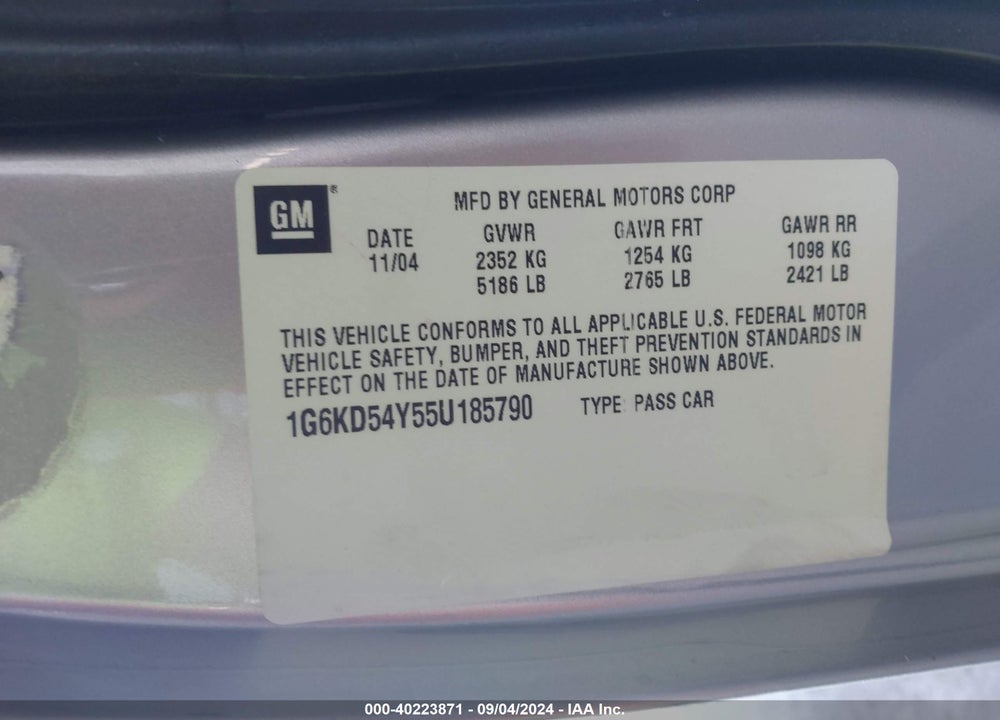 2005 CADILLAC DEVILLE STANDARD VIN: 1G6KD54Y55U185790