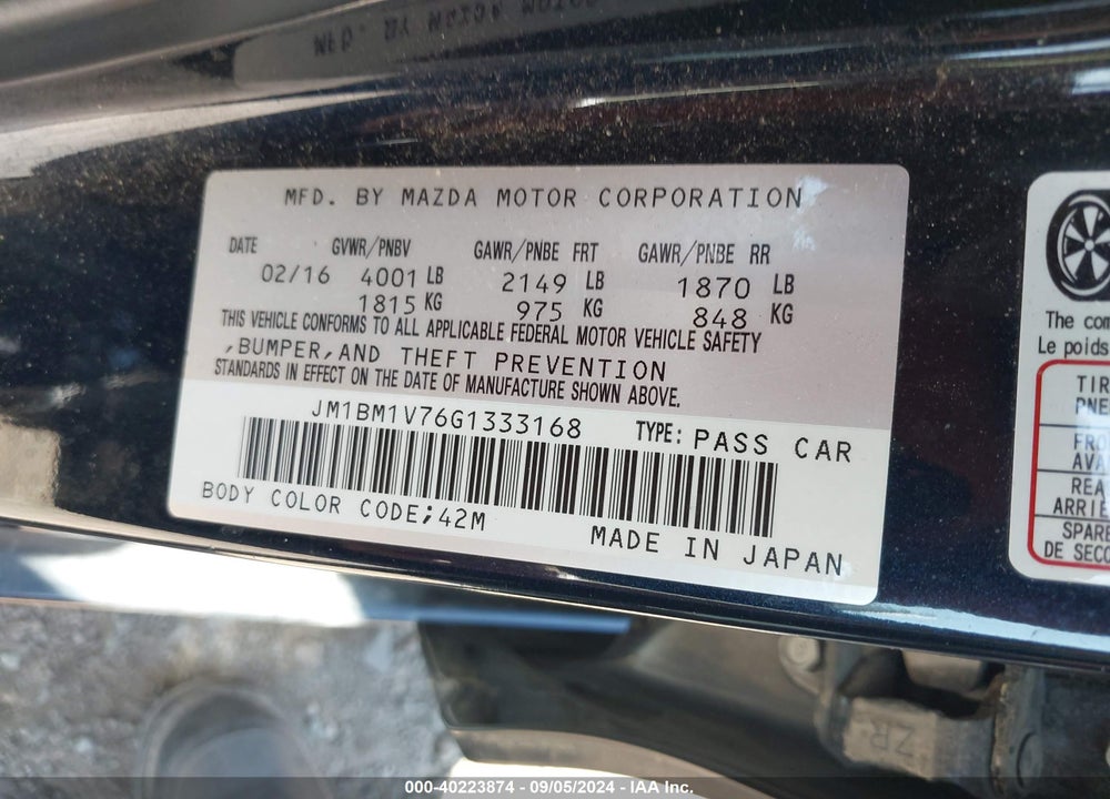 2016 MAZDA 3 I TOURING VIN: JM1BM1V76G1333168