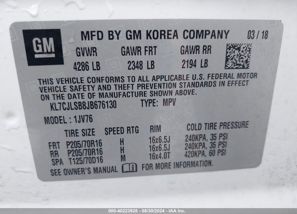 2018 CHEVROLET TRAX LT VIN: KL7CJLSB8JB676130