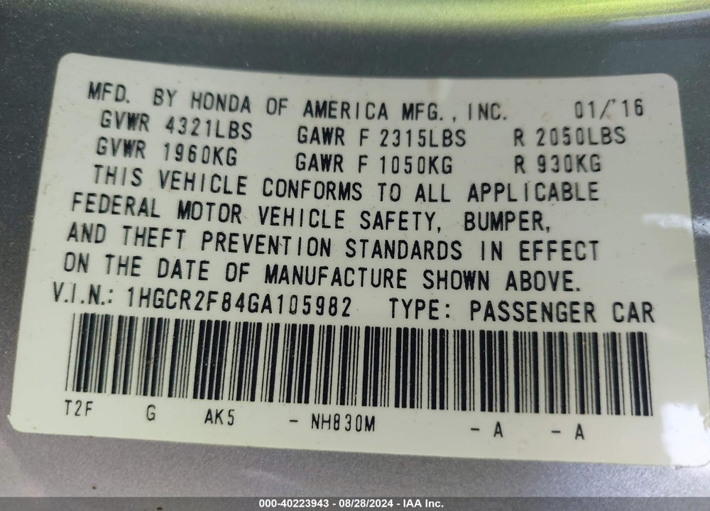 2016 HONDA ACCORD EX-L VIN: 1HGCR2F84GA105982