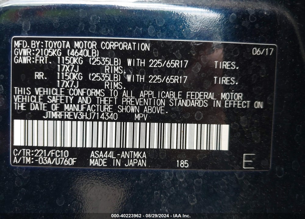 2017 TOYOTA RAV4 XLE VIN: JTMRFREV3HJ714340