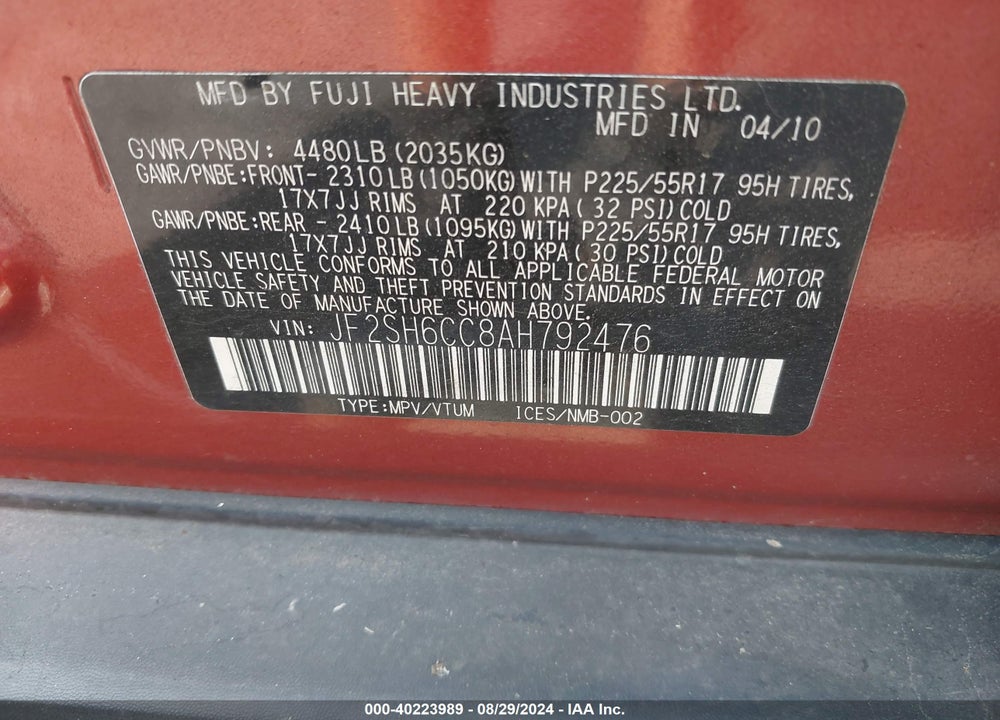 2010 SUBARU FORESTER 2.5X PREMIUM VIN: JF2SH6CC8AH792476