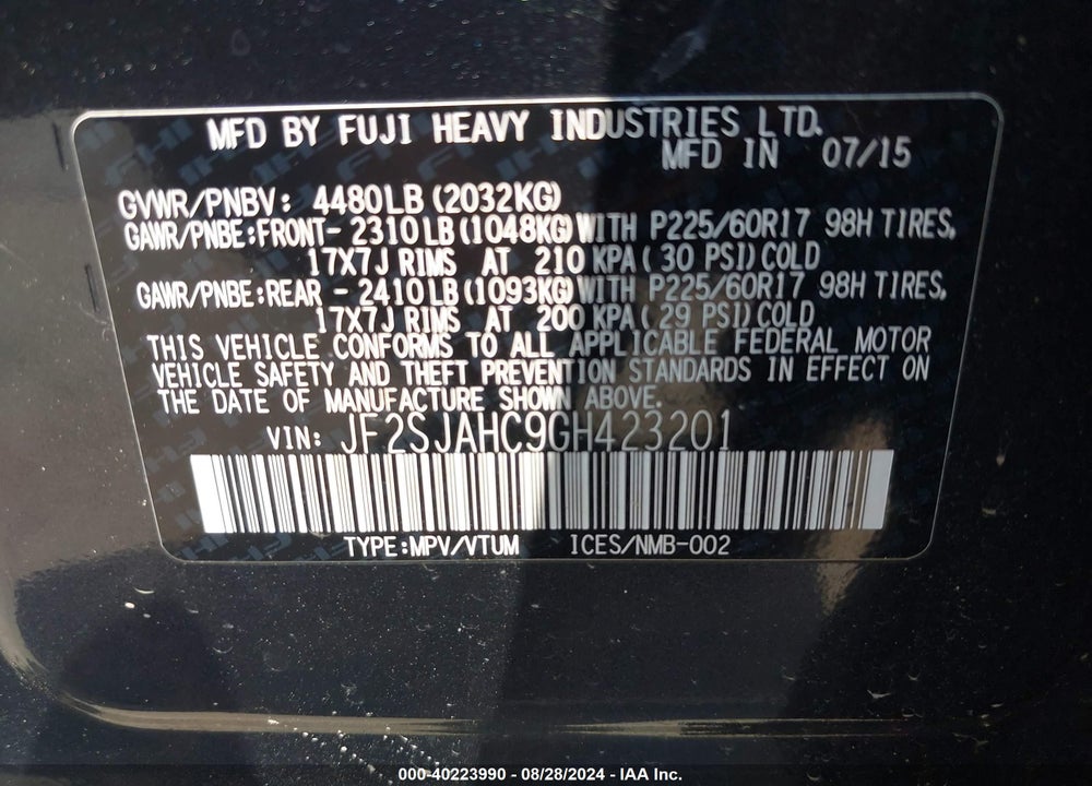 2016 SUBARU FORESTER 2.5I LIMITED VIN: JF2SJAHC9GH423201