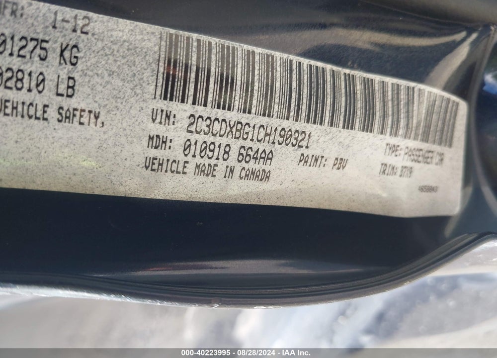 2012 DODGE CHARGER SE VIN: 2C3CDXBG1CH190321