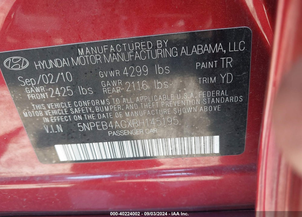 2011 HYUNDAI SONATA GLS VIN: 5NPEB4ACXBH145195