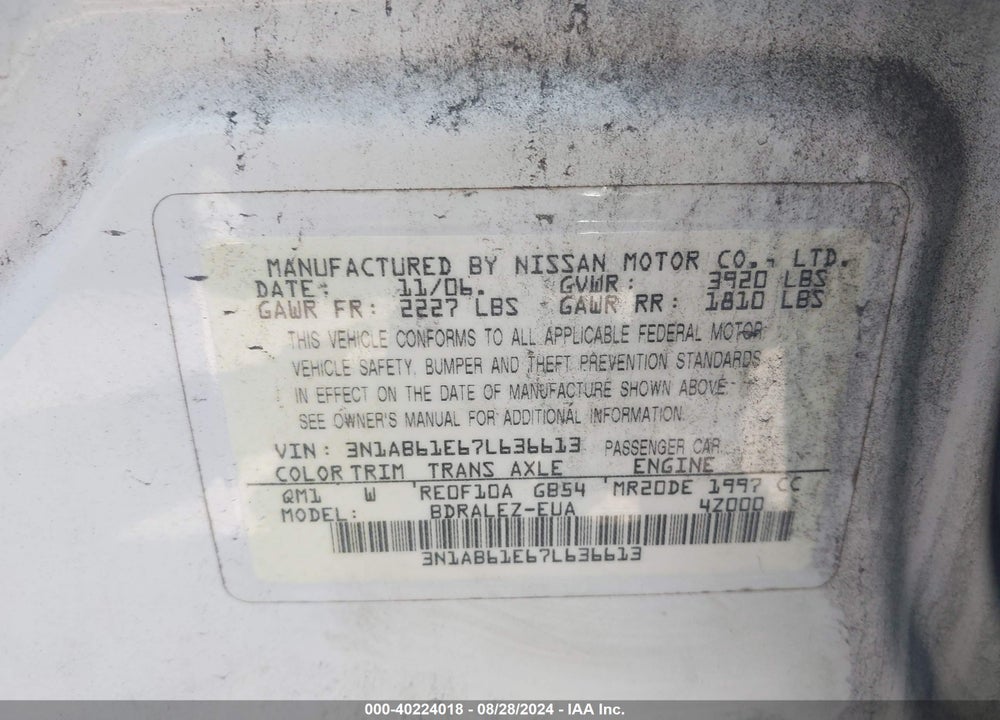2007 NISSAN SENTRA 2.0S VIN: 3N1AB61E67L636613