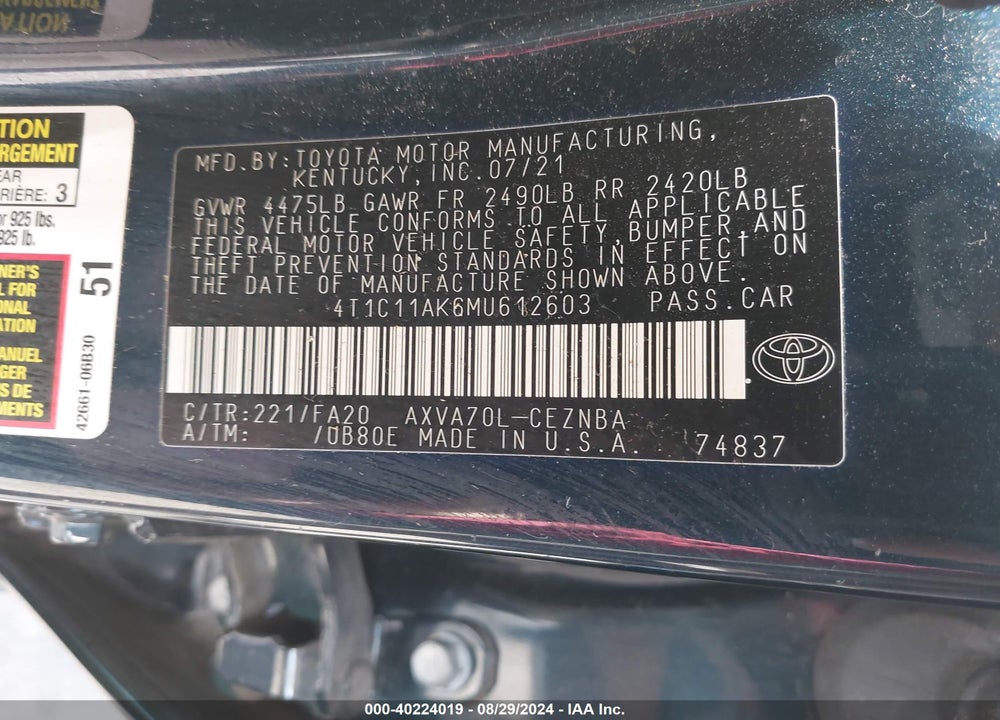 2021 TOYOTA CAMRY LE VIN: 4T1C11AK6MU612603